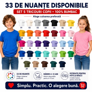 Set 5 Tricouri Copii din Bumbac 100% – Mânecă Scurtă, 33 Nuanțe, Fete și Băieți
