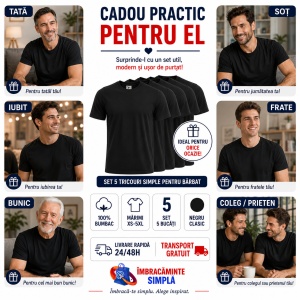 Set 5 tricouri negre din bumbac 100%, clasic si lejer la purtare pentru barbati, Negru P73 - Img 6
