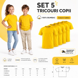 Set 5 tricouri pentru copii, din bumbac 100% | Culoare Galben - Img 6