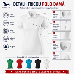 Set 5 Tricouri Polo Damă Malfini, 100% Bumbac – Alb, Negru, Verde, Roșu, Turcoaz - Img 10