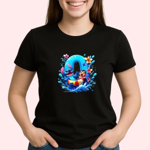 Tricou Alfabet Cifra 0 cu Lilo si Stitch albastru, veselie mare, Mare, Negru, Unisex Dama si Barbat | Copii - Img 2