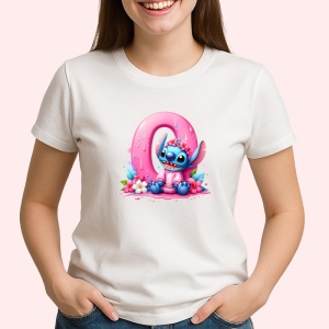 Tricou Alfabet Cifra 0 cu Stitch Roz fericit, explozie de culori, Alb, Unisex Dama si Barbat | Copii