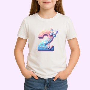 Tricou Alfabet Cifra 2 cu fluturi colorati, stele aurii, flori colorate, Alb, Unisex Dama si Barbat | Copii - Img 2