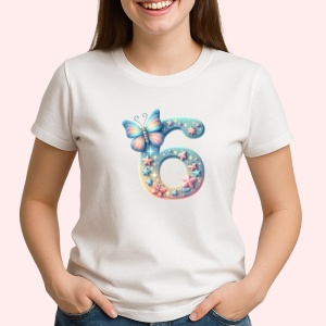 Tricou Alfabet Cifra 6 cu fluturi colorati, stele aurii, flori colorate, Alb, Unisex Dama si Barbat | Copii