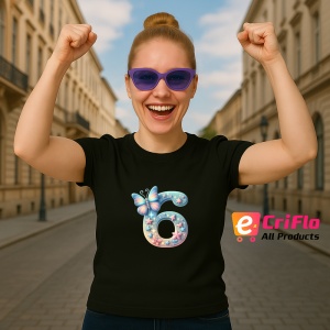 Tricou Alfabet Cifra 6 cu fluturi colorati, stele aurii, flori colorate, Negru, Unisex Dama si Barbat | Copii - Img 4