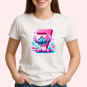 Tricou Alfabet Cifra 7 cu Stitch Roz fericit, explozie de culori, Alb, Unisex Dama si Barbat | Copii