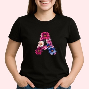 Tricou Alfabet Litera A cu flori, margarete, flori colorate, Negru, Unisex Dama si Barbat | Copii