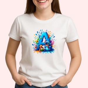 Tricou Alfabet Litera A cu Lilo si Stitch albastru, veselie mare, Alb, Unisex Dama si Barbat | Copii