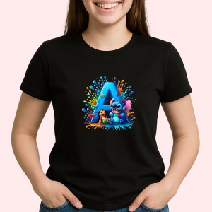 Tricou Alfabet Litera A cu Lilo si Stitch albastru, veselie mare, Mare, Negru, Unisex Dama si Barbat | Copii - Img 2