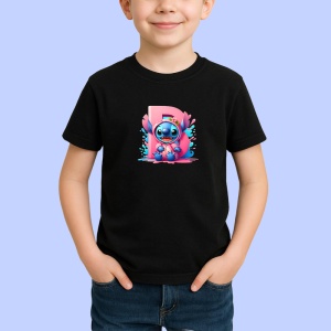 Tricou Alfabet Litera B cu Stitch Roz fericit, explozie de culori, Negru, Unisex Dama si Barbat | Copii - Img 2