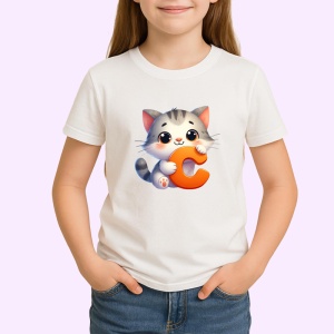 Tricou Alfabet Litera C cu animal Cat Pisica , Alb, Unisex Dama si Barbat | Copii