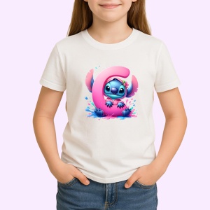 Tricou Alfabet Litera C cu Stitch Roz fericit, explozie de culori, Alb, Unisex Dama si Barbat | Copii - Img 2