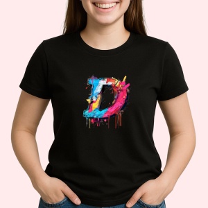 Tricou Alfabet Litera D cu graffiti, design exploziv, arta urbana, Negru, Unisex Dama si Barbat | Copii