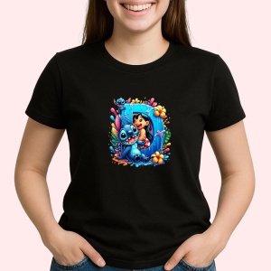 Tricou Alfabet Litera D cu Lilo si Stitch albastru, veselie mare, Mare, Negru, Unisex Dama si Barbat | Copii - Img 2