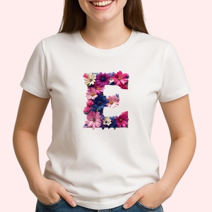Tricou Alfabet Litera E cu flori, margarete, flori colorate, Alb, Unisex Dama si Barbat | Copii