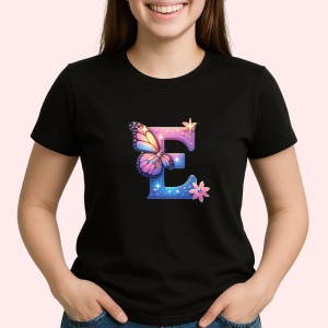 Tricou Alfabet Litera E cu fluturi colorati, stele aurii, flori colorate, Negru, Unisex Dama si Barbat | Copii