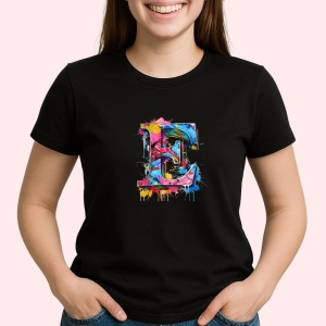 Tricou Alfabet Litera E cu graffiti, design exploziv, arta urbana, Negru, Unisex Dama si Barbat | Copii