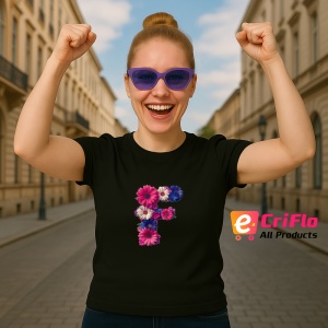Tricou Alfabet Litera F cu flori, margarete, flori colorate, Negru, Unisex Dama si Barbat | Copii - Img 3