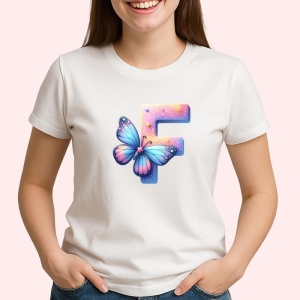 Tricou Alfabet Litera F cu fluturi colorati, stele aurii, flori colorate, Alb, Unisex Dama si Barbat | Copii