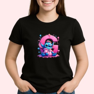 Tricou Alfabet Litera G cu Stitch Roz fericit, explozie de culori, Negru, Unisex Dama si Barbat | Copii