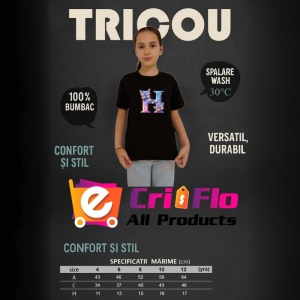 Tricou Alfabet Litera H cu fluturi colorati, stele aurii, flori colorate, Negru, Unisex Dama si Barbat | Copii - Img 8