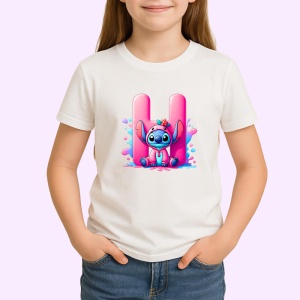 Tricou Alfabet Litera H cu Stitch Roz fericit, explozie de culori, Alb, Unisex Dama si Barbat | Copii - Img 2