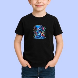 Tricou Alfabet Litera I cu Lilo si Stitch albastru, veselie mare, Mare, Negru, Unisex Dama si Barbat | Copii