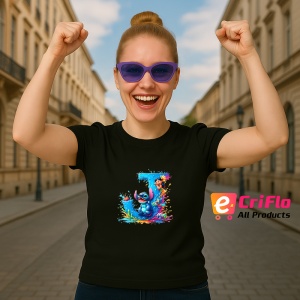 Tricou Alfabet Litera J cu Lilo si Stitch albastru, veselie mare, Mare, Negru, Unisex Dama si Barbat | Copii - Img 6