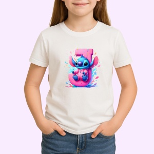 Tricou Alfabet Litera J cu Stitch Roz fericit, explozie de culori, Alb, Unisex Dama si Barbat | Copii - Img 2