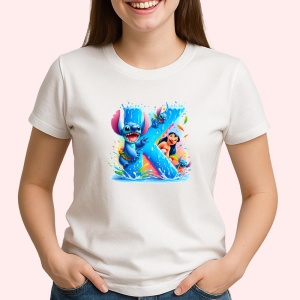 Tricou Alfabet Litera K cu Lilo si Stitch albastru, veselie mare, Alb, Unisex Dama si Barbat | Copii