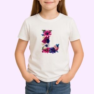 Tricou Alfabet Litera L cu flori, margarete, flori colorate, Alb, Unisex Dama si Barbat | Copii