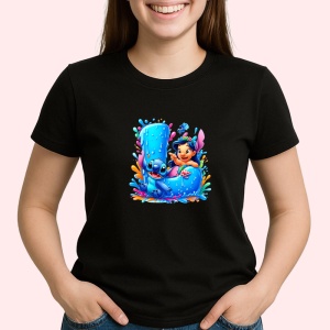 Tricou Alfabet Litera L cu Lilo si Stitch albastru, veselie mare, Mare, Negru, Unisex Dama si Barbat | Copii - Img 2