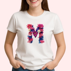 Tricou Alfabet Litera M cu flori, margarete, flori colorate, Alb, Unisex Dama si Barbat | Copii