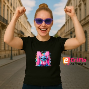Tricou Alfabet Litera M cu Stitch Roz fericit, explozie de culori, Negru, Unisex Dama si Barbat | Copii - Img 3