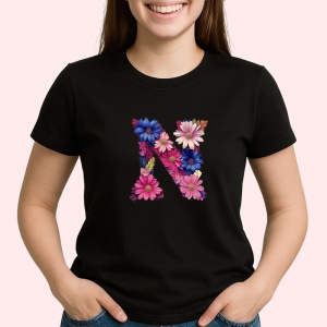 Tricou Alfabet Litera N cu flori, margarete, flori colorate, Negru, Unisex Dama si Barbat | Copii
