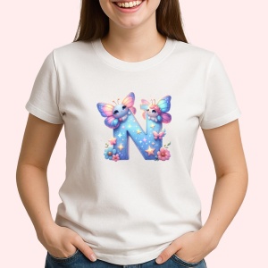 Tricou Alfabet Litera N cu fluturi colorati, stele aurii, flori colorate, Alb, Unisex Dama si Barbat | Copii