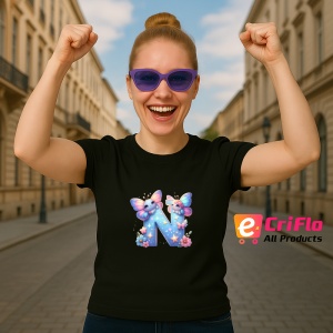Tricou Alfabet Litera N cu fluturi colorati, stele aurii, flori colorate, Negru, Unisex Dama si Barbat | Copii - Img 3