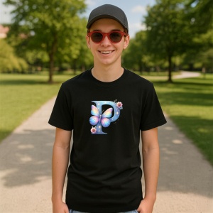 Tricou Alfabet Litera P cu fluturi colorati, stele aurii, flori colorate, Negru, Unisex Dama si Barbat | Copii - Img 4