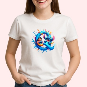 Tricou Alfabet Litera Q cu Lilo si Stitch albastru, veselie mare, Alb, Unisex Dama si Barbat | Copii - Img 1