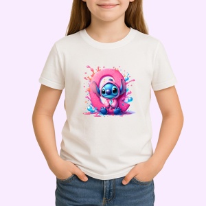 Tricou Alfabet Litera Q cu Stitch Roz fericit, explozie de culori, Alb, Unisex Dama si Barbat | Copii - Img 2