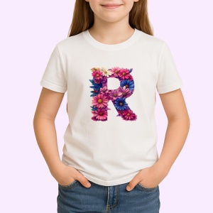Tricou Alfabet Litera R cu flori, margarete, flori colorate, Alb, Unisex Dama si Barbat | Copii - Img 2
