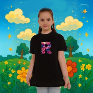 Tricou Alfabet Litera R cu flori, margarete, flori colorate, Negru, Unisex Dama si Barbat | Copii - Img 6