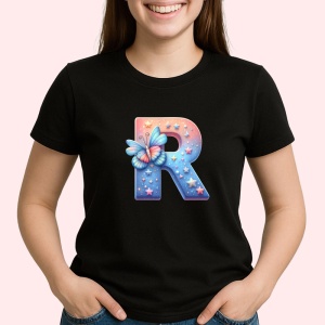 Tricou Alfabet Litera R cu fluturi colorati, stele aurii, flori colorate, Negru, Unisex Dama si Barbat | Copii