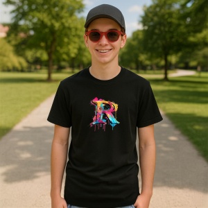 Tricou Alfabet Litera R cu graffiti, design exploziv, arta urbana, Negru, Unisex Dama si Barbat | Copii - Img 4