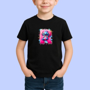 Tricou Alfabet Litera R cu Stitch Roz fericit, explozie de culori, Negru, Unisex Dama si Barbat | Copii - Img 2