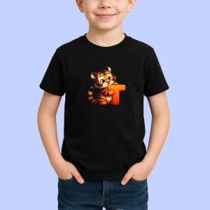 Tricou Alfabet Litera T cu animal Tiger Tigru, Negru, Unisex Dama si Barbat | Copii - Img 2
