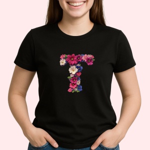 Tricou Alfabet Litera T cu flori, margarete, flori colorate, Negru, Unisex Dama si Barbat | Copii