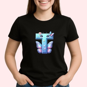 Tricou Alfabet Litera T cu fluturi colorati, stele aurii, flori colorate, Negru, Unisex Dama si Barbat | Copii - Img 1