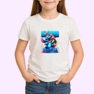 Tricou Alfabet Litera T cu Lilo si Stitch albastru, veselie mare, Alb, Unisex Dama si Barbat | Copii - Img 2