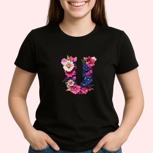 Tricou Alfabet Litera U cu flori, margarete, flori colorate, Negru, Unisex Dama si Barbat | Copii